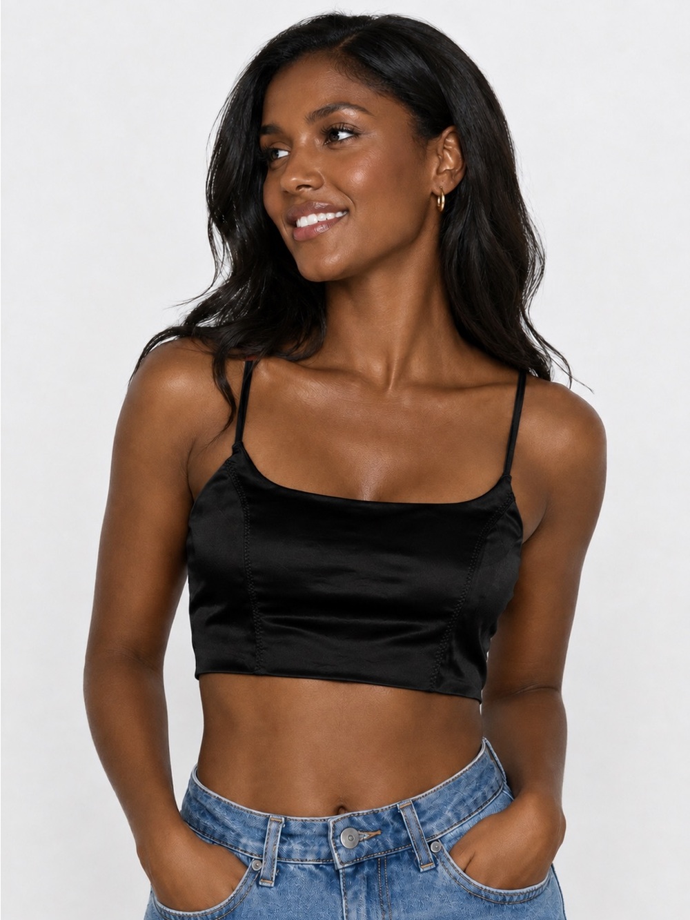 Victoria’s Secret Black Satin Strappy Corset Crop Top Size M